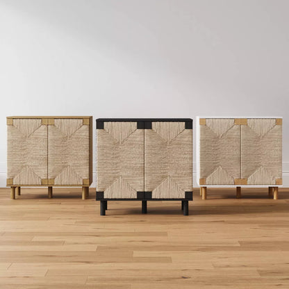  Wood and Seagrass Storage Cabinet in White with Veneer Surface and Fixed Shelf - Adult Assembly Required