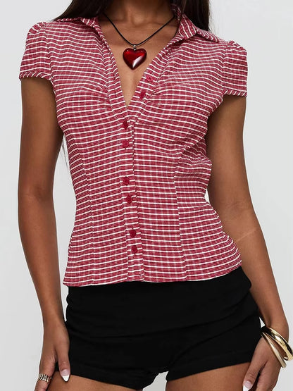 Women S Stylish Plaid Print Short Sleeve Shirt Lapel Button down Fit Casual Blouse Streetwear Summer Tops Collection