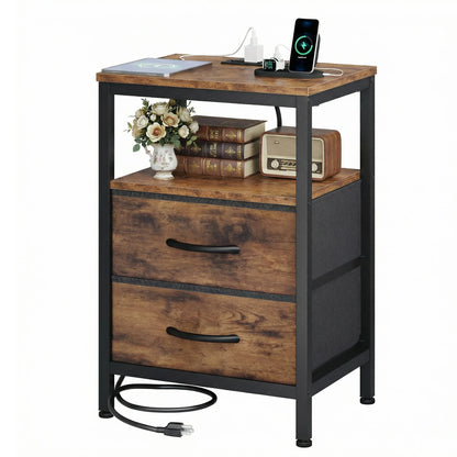 JHK 2-Drawer Fabric Nightstand with Open Shelf and USB Charging Station - Versatile Storage End Table for Living Room