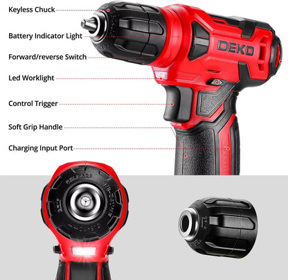 DEKO 126-Piece Cordless Drill and Hand Tool Set with 8V Red Drill for Home Use