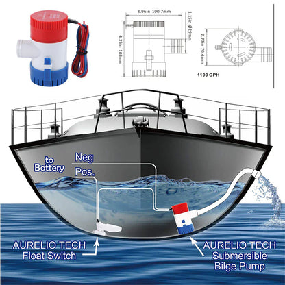 1100GPH 12V Electric Marine Submersible Bilge Sump Water Pump for Boat 3/4" Hose
