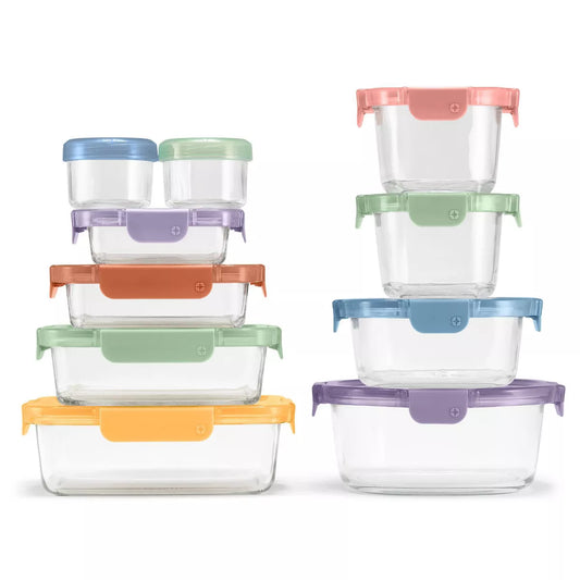 20-Piece Color Lock Mixed Food Storage Container Set - Glass and Polypropylene, Multicolored, Microwave and Oven Safe