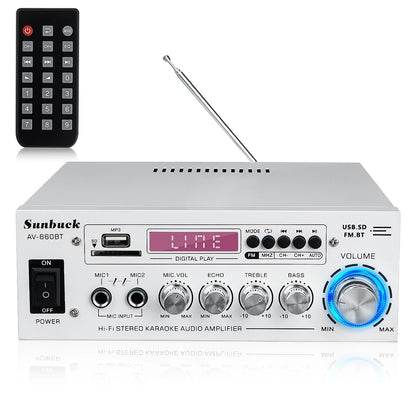 Sunbuck AV-660BT 2000W Bluetooth 5.0 Audio Power Amplifier EQ Stereo AMP Car Home 2CH AUX USB FM Radio