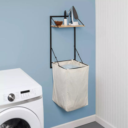 Laundry Shelf + Hamper Combo with Wood Light Oak: Wall Mounted Hanging Clothes Hamper, Collapsible Sorter
