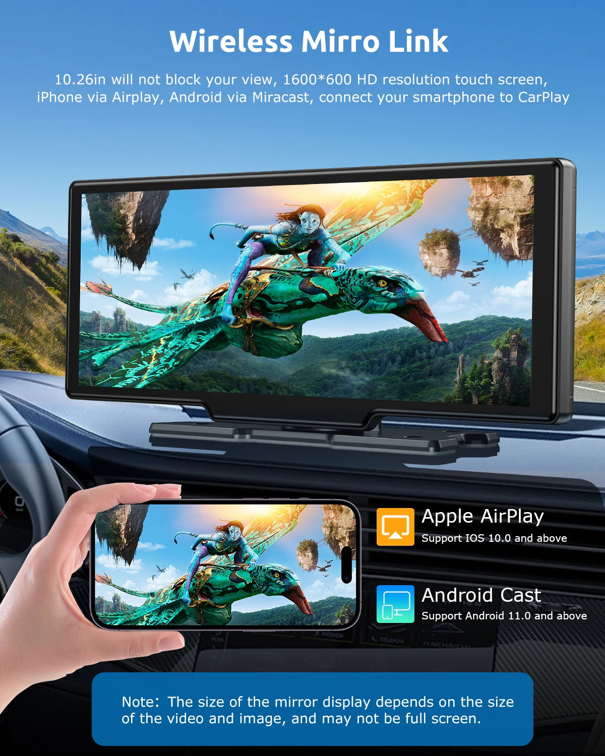 10.26" 4K Dual Lens Dash Cam with Touch Screen, 64GB Storage, Wireless Apple CarPlay and Android Auto for Car Stereo and Rearview Recording