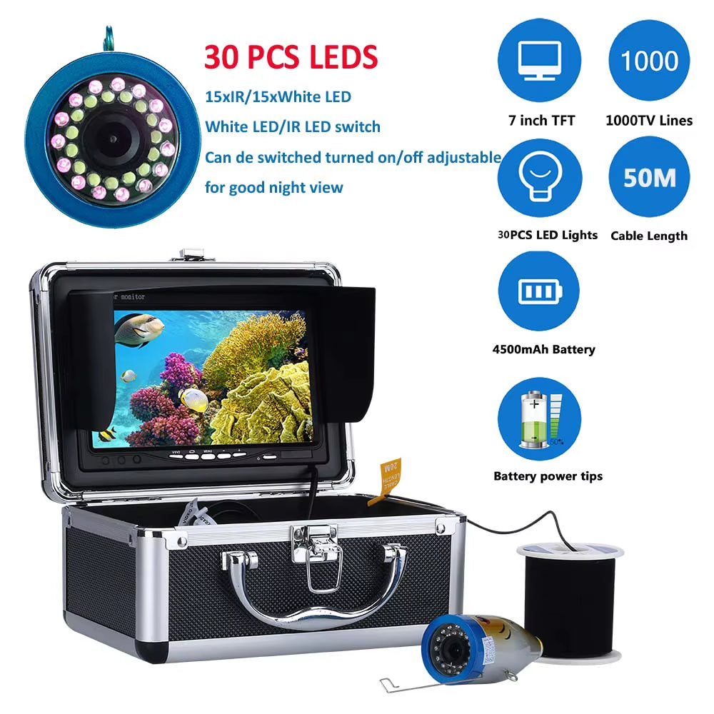 Fish Finder Underwater Fishing Camera Double Lamp 30Leds 7Inch 15M  IP68 Waterproof for Ice/Sea/River Fishing Fishfinder
