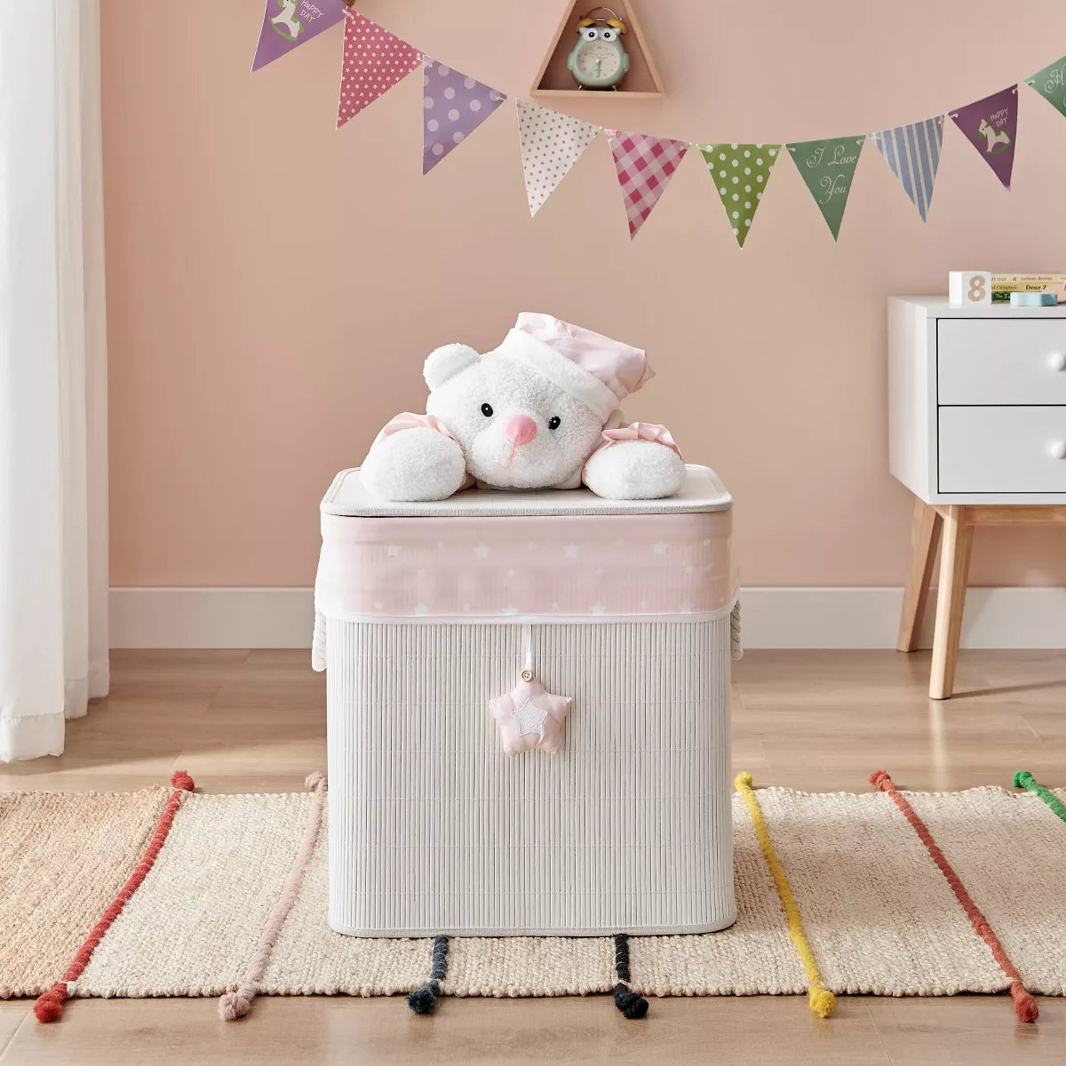 Bamboo Collapsible Laundry Hamper and Toy Storage for Kids with Handles in Pink and Cream Teddy Bear Design