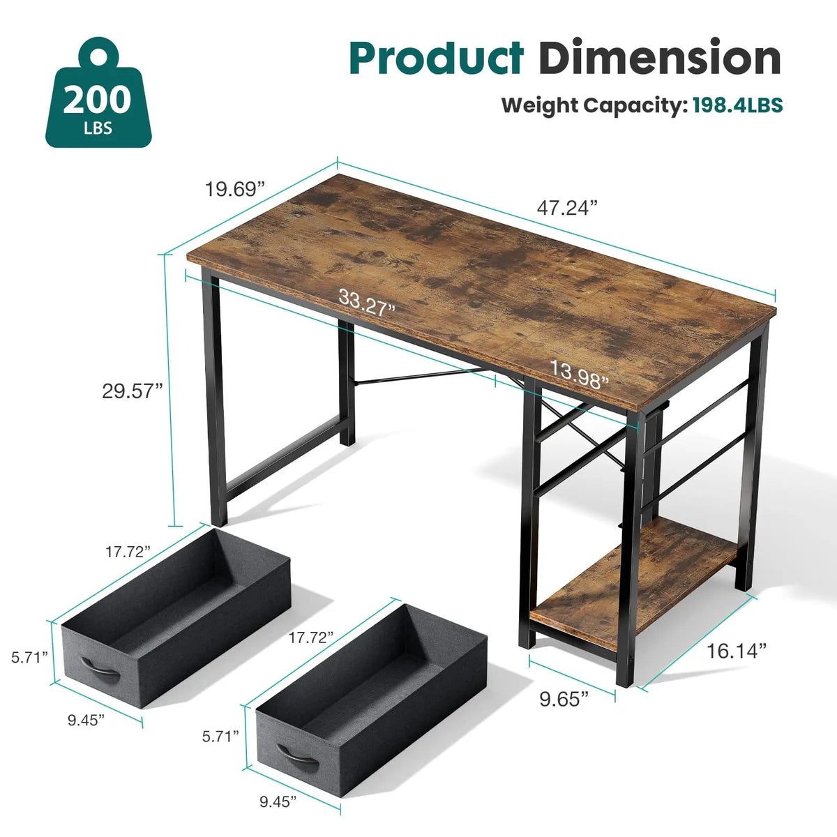 JHK 47-Inch Modern Computer Desk with Adjustable Position Drawers and Dual Storage for Office, Study, and Gaming
