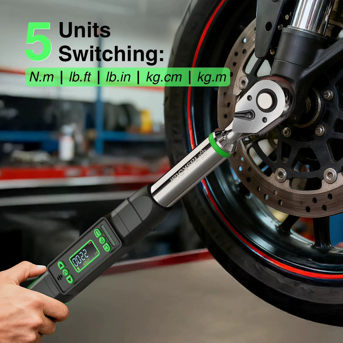 Taskstar 3/8-Inch Digital Torque Wrench with 1/4" & 1/2" Adapters, Bidirectional Ratchet Head, ±2% Accuracy, 0-162 Ft-Lbs / 0-220 N.M, Handheld Wrench Kit for Bicycle, Car, and Motorcycle Maintenance, 5 Measurement Units