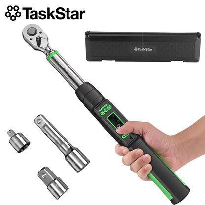 Taskstar 3/8-Inch Digital Torque Wrench with 1/4" & 1/2" Adapters, Bidirectional Ratchet Head, ±2% Accuracy, 0-162 Ft-Lbs / 0-220 N.M, Handheld Wrench Kit for Bicycle, Car, and Motorcycle Maintenance, 5 Measurement Units