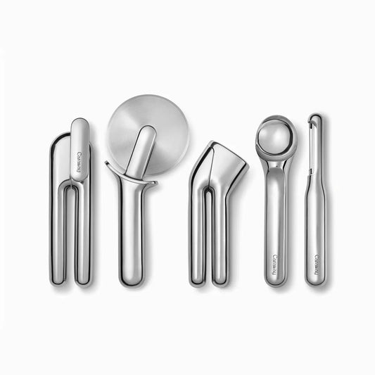 6-Piece Kitchen Gadget Set: Stainless Steel Utensils with Peeler, Pizza Cutter, Can Opener, and Silver Holder
