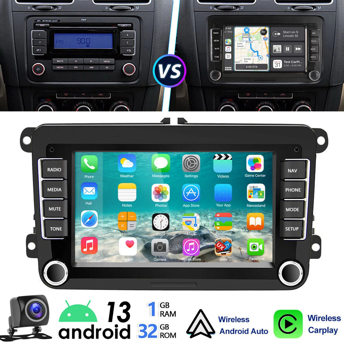 ESSGOO 7-Inch Android Car Stereo with 4G RAM, 64G Storage, Apple CarPlay, ChatGPT, GPS, WiFi, RDS, and Bluetooth Compatibility for VW Golf 5/6, Passat, Polo, Touran, Tiguan, Caddy, and EOS