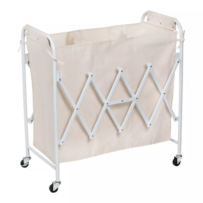 Accordion Triple Sorter - White Steel Rolling Laundry Hamper with Wheels, Collapsible Open-Top Design