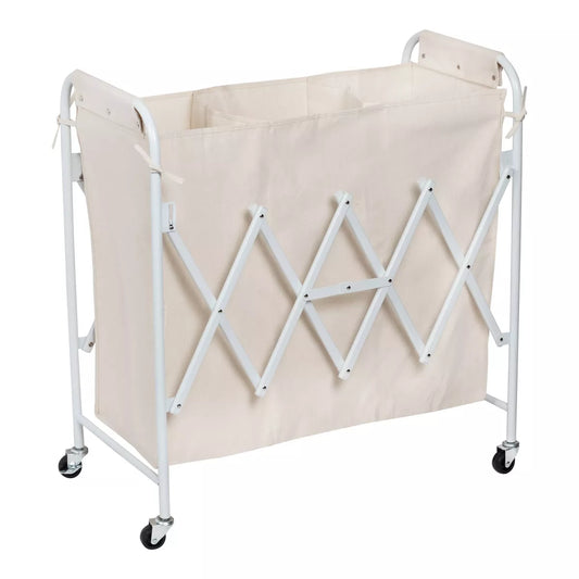 Accordion Triple Sorter - White Steel Rolling Laundry Hamper with Wheels, Collapsible Open-Top Design