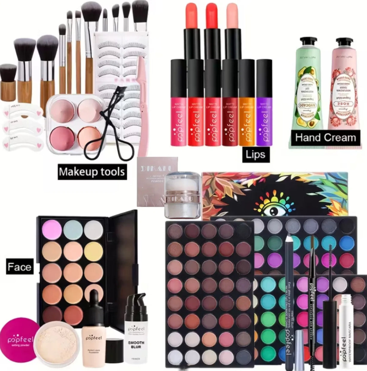 POPFEEL Comprehensive Full Face Makeup Kit with Brush and Facial Highlighter - Complete Beauty Set Featuring Berry & Neutral Foundation, Blush, and Eye Products