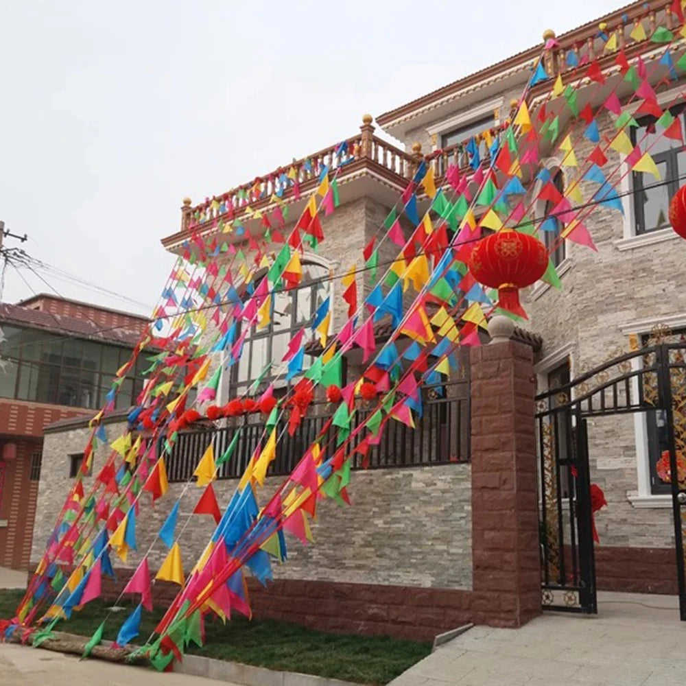 100PCS Colorful Flags Triangular String Flags, Outdoor Opening Festival Celebration, Wedding Thickened Rope Party