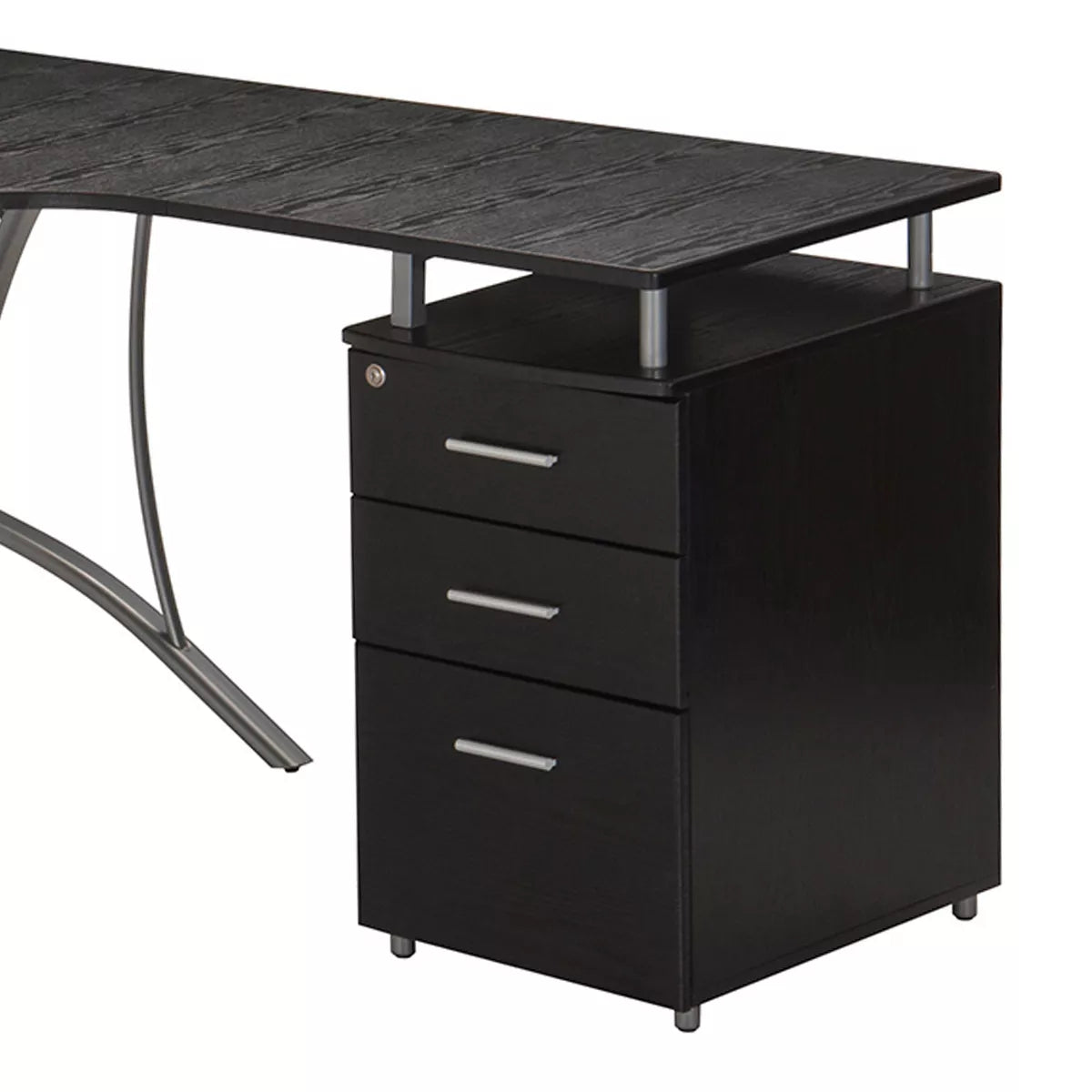 Modern L Shaped Computer Desk with File Cabinet and Storage Espresso Brown: Office Workstation, MDF & Steel Construction
