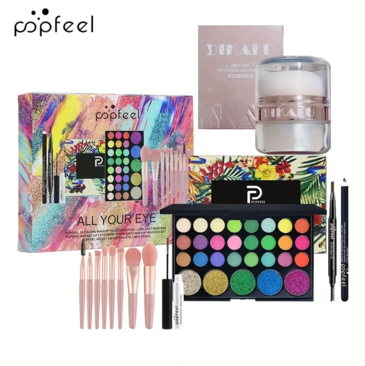 POPFEEL Comprehensive Full Face Makeup Kit with Brush and Facial Highlighter - Complete Beauty Set Featuring Berry & Neutral Foundation, Blush, and Eye Products