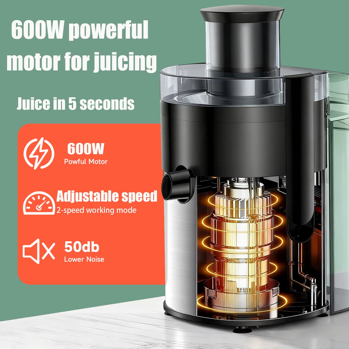 Professional High-Speed Juicer with 3-Inch Wide Mouth, Metal Body, 3-Speed Settings, Easy Cleaning, Detachable Design, High Juice Yield, and Adjustable Spout for Efficient Fruit and Vegetable Juicing