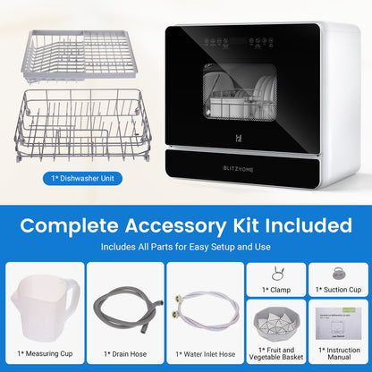 Blitzhome® BH-6-CDW Portable Countertop Dishwasher with 5.2L Built-In Water Tank 9 Programs PTC Hot Air Drying 3D 360° 3 Sprayers Water-Saving