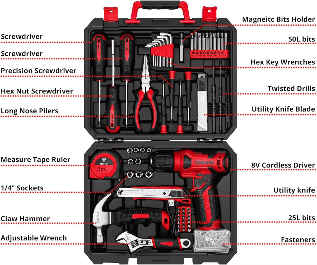 DEKO 126-Piece Cordless Drill and Hand Tool Set with 8V Red Drill for Home Use