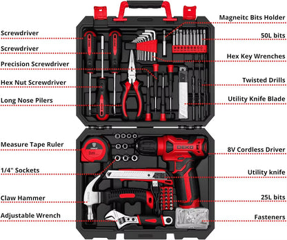 DEKO 126-Piece Cordless Drill and Hand Tool Set with 8V Red Drill for Home Use