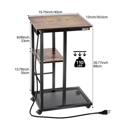 Redlife C Shaped End Table W/ Charging Station Side Table for Couch Sofa Table W/ Storage Shelf & Rolling Wheels for Small Space