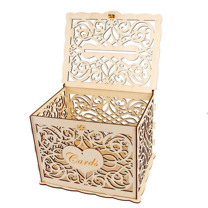 DIY Wedding Card Box Wooden Couple Money Boxes with Lock Hollow Floral Pattern Wedding Decor Gift Envelope Birthday Supplies