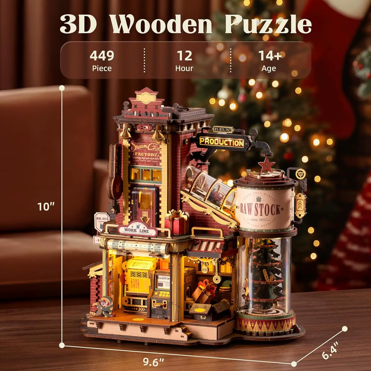 ROKR Dream Gift Factory 3D Wooden Puzzle DIY Mini Dollhouse Model Kit with Music and LED Lighting - 449 Piece Assembly Set for Adults and Teens
