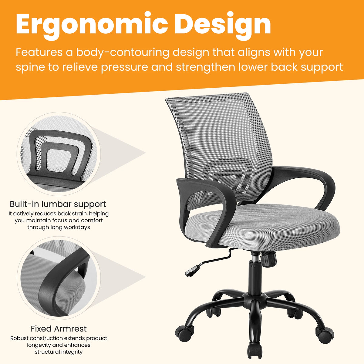 Ergonomic Height-Adjustable Office Desk and Gaming Chair with Fixed Armrests, 360° Swivel, and Storage Back for Computer and Meeting Room Use