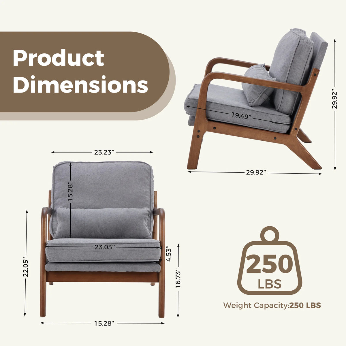 JHK Mid-Century Modern Accent Chair with Solid Wooden Frame, Armrests, and Waist Cushion for Adults - Ideal for Reading and Lounging