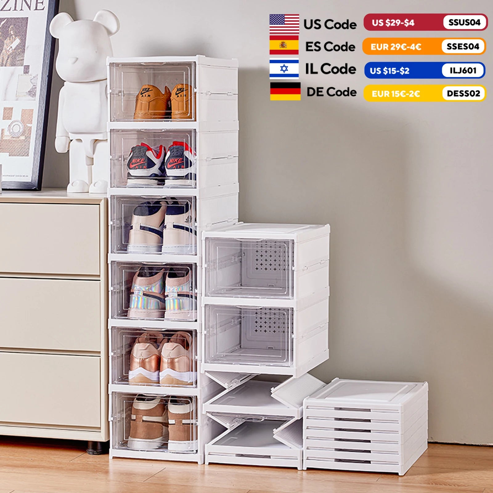 6 Layers Shoes Box Foldable Transparent Sneaker Shoe Storage Organizers Box Stackable Dustproof High-Top Cabinet Shoe Rack Shelf