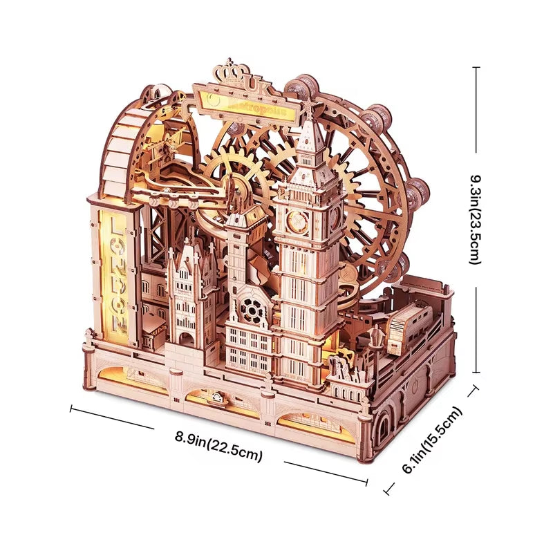 Robotime 3D Wooden Puzzle Marble Run Building Kit - London City Model with Lighting, Mechanical DIY Landmark Puzzle for Adults and Teens