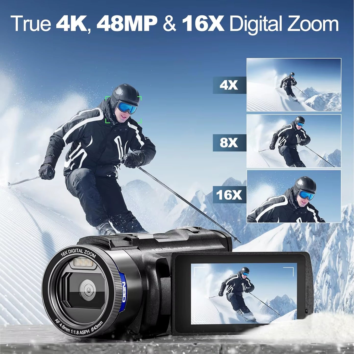 4K Camcorder Video Camera with 48MP Vlogging Camera with Wi-Fi & App Control,Video Recorder with 3X Battery Life, 16X Zoom