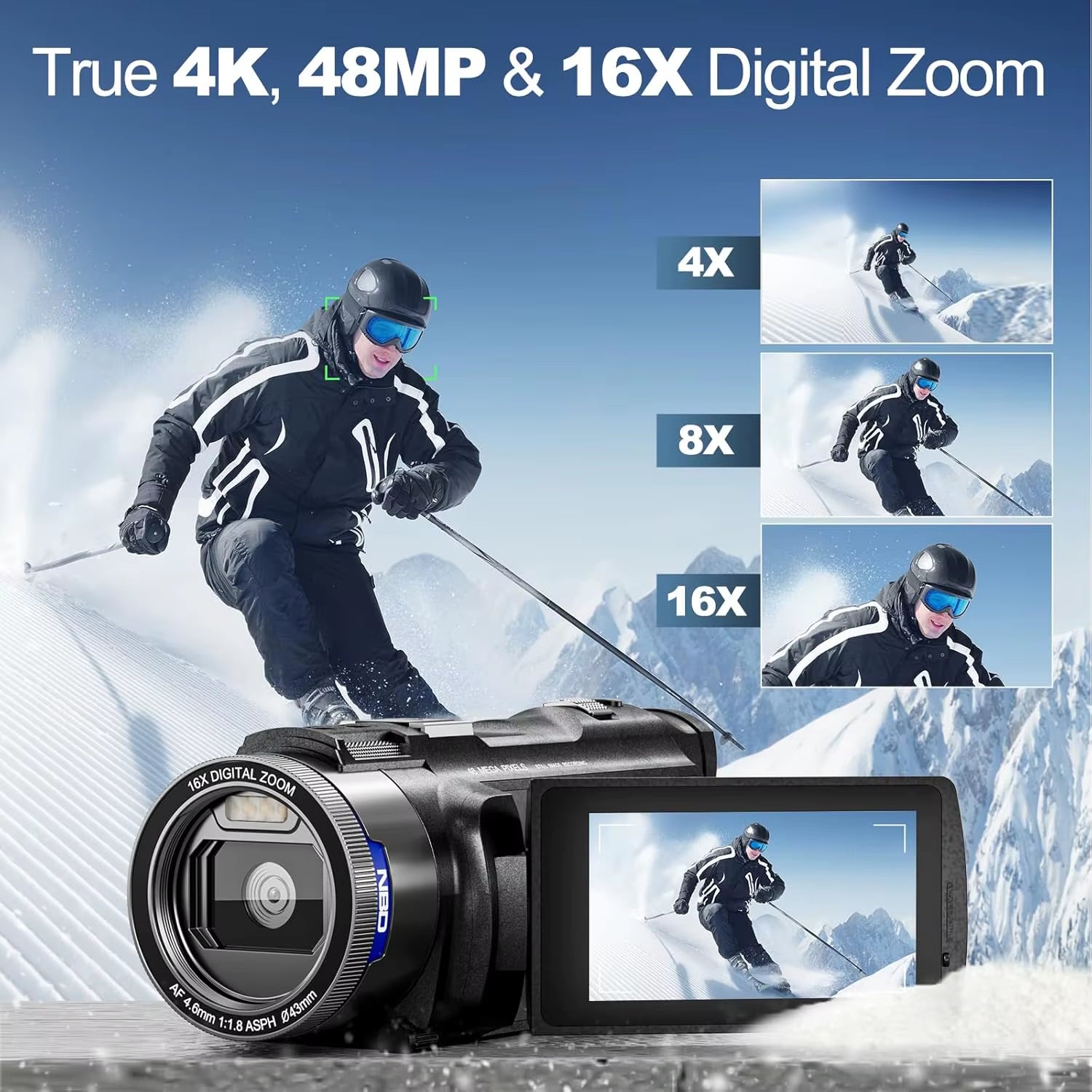 4K Camcorder Video Camera with 48MP Vlogging Camera with Wi-Fi & App Control,Video Recorder with 3X Battery Life, 16X Zoom
