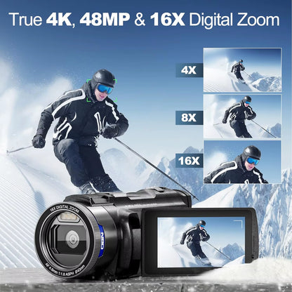 4K Camcorder Video Camera with 48MP Vlogging Camera with Wi-Fi & App Control,Video Recorder with 3X Battery Life, 16X Zoom