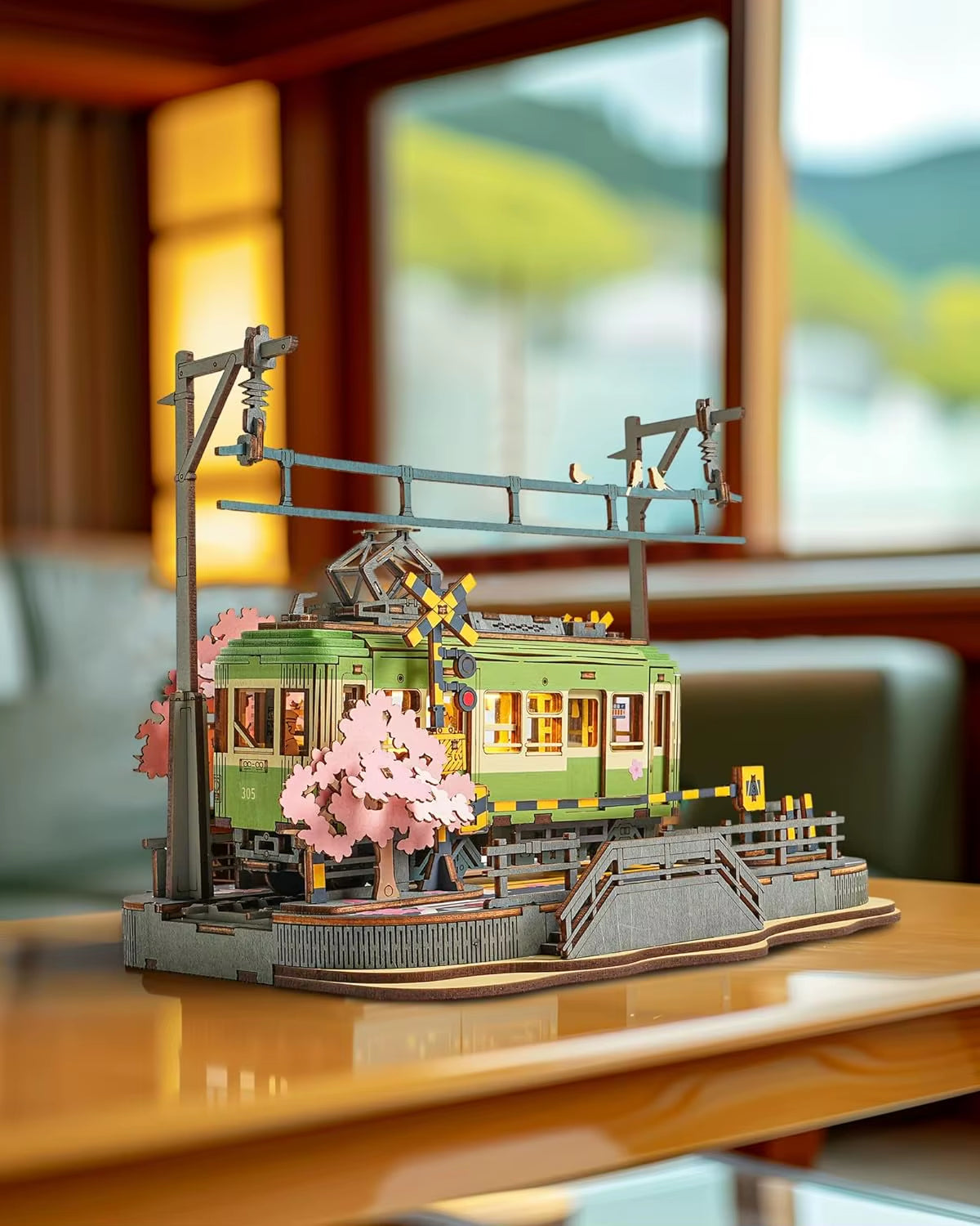 Robotime 3D Wooden Puzzle Kit - Sakura Journey Tram Model with LED Light for Kids and Hobbyists, Ideal Brain Teaser Gift