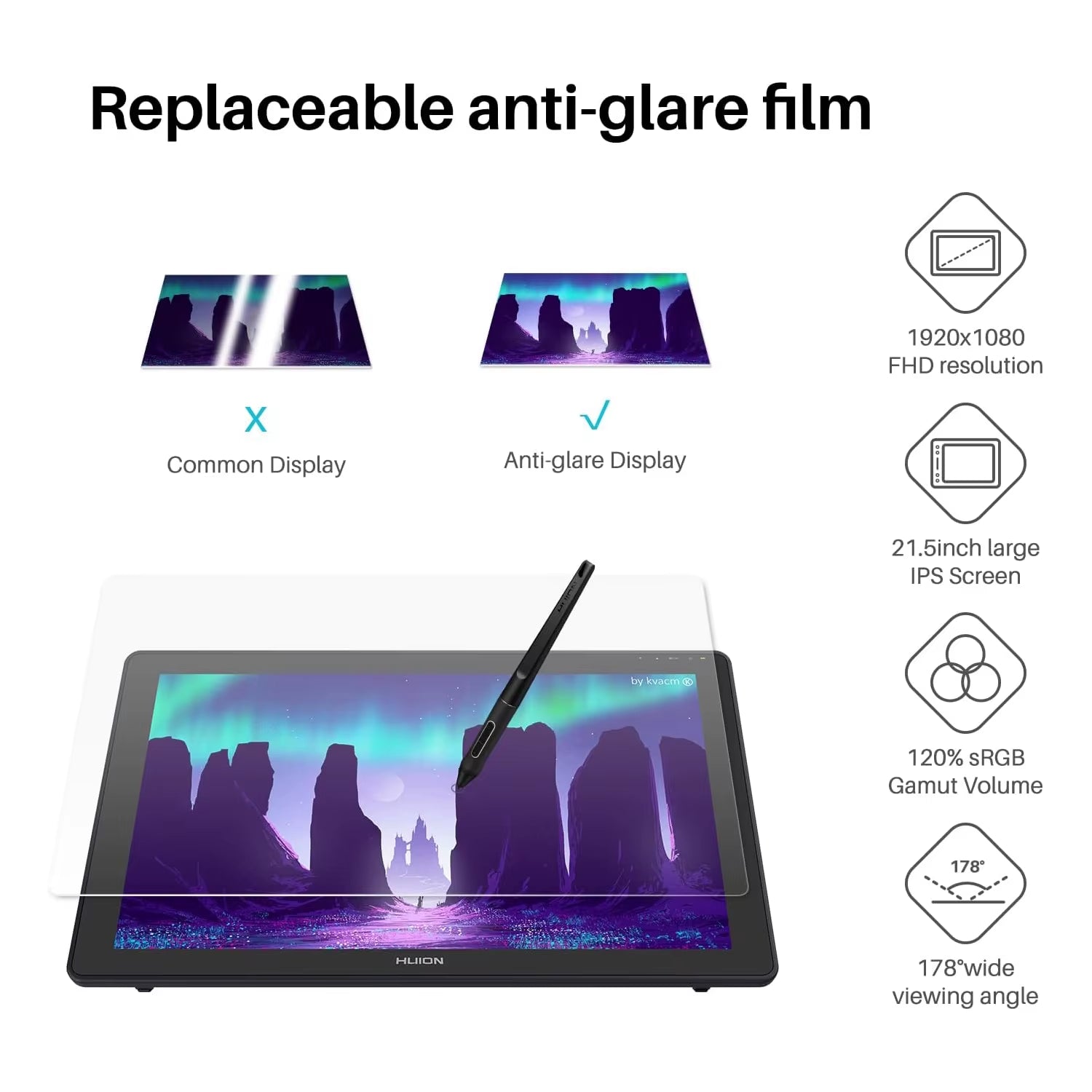 HUION Kamvas 22 Graphic Pen Tablet Monitor Pen Display 21.5 Inch Anti-Glare Screen 120%S RGB Windows Mac and Android Device
