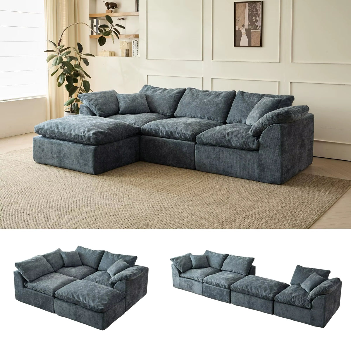 109" Modern L-Shaped Oversized 3-Seater Sofa in Blue Chenille Fabric with Modular Ottoman