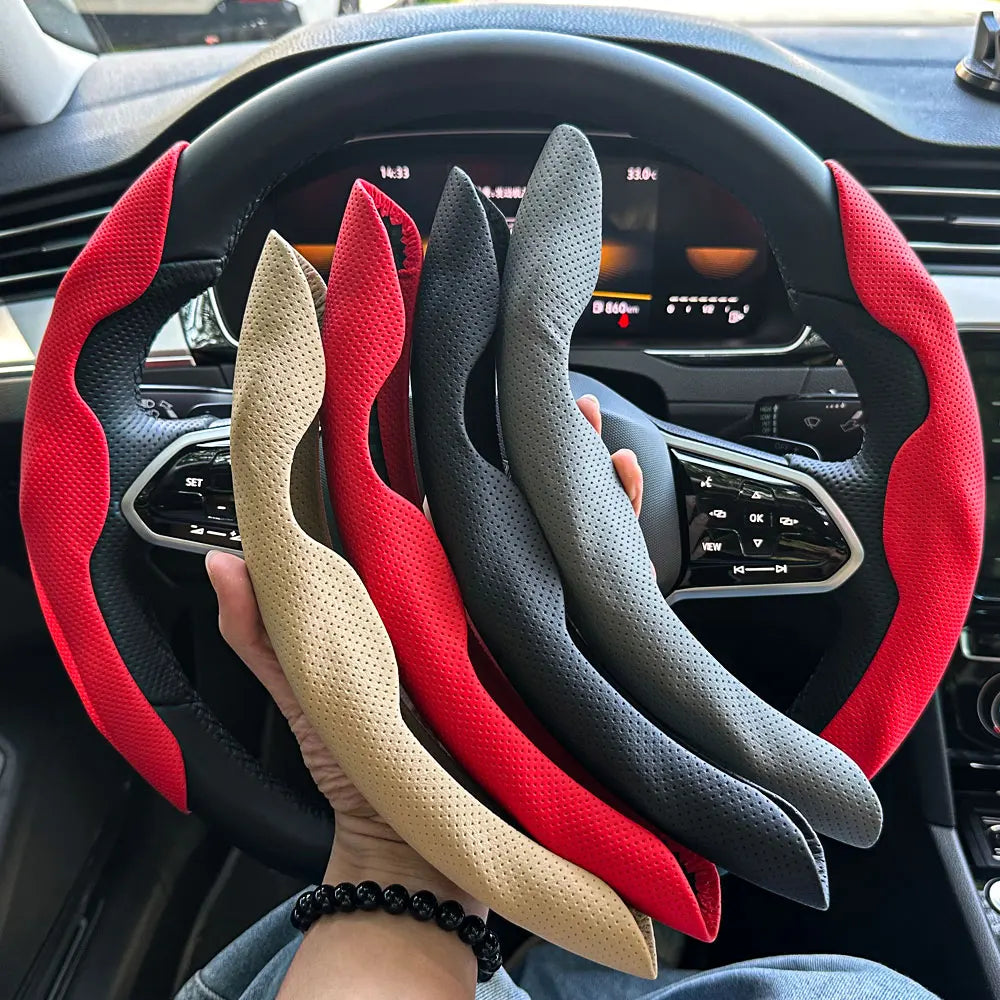 Universal D-Shaped Leather Steering Wheel Cover with Ventilation Holes - 15 Inch, Sweat-Absorbent and Anti-Slip Accessory