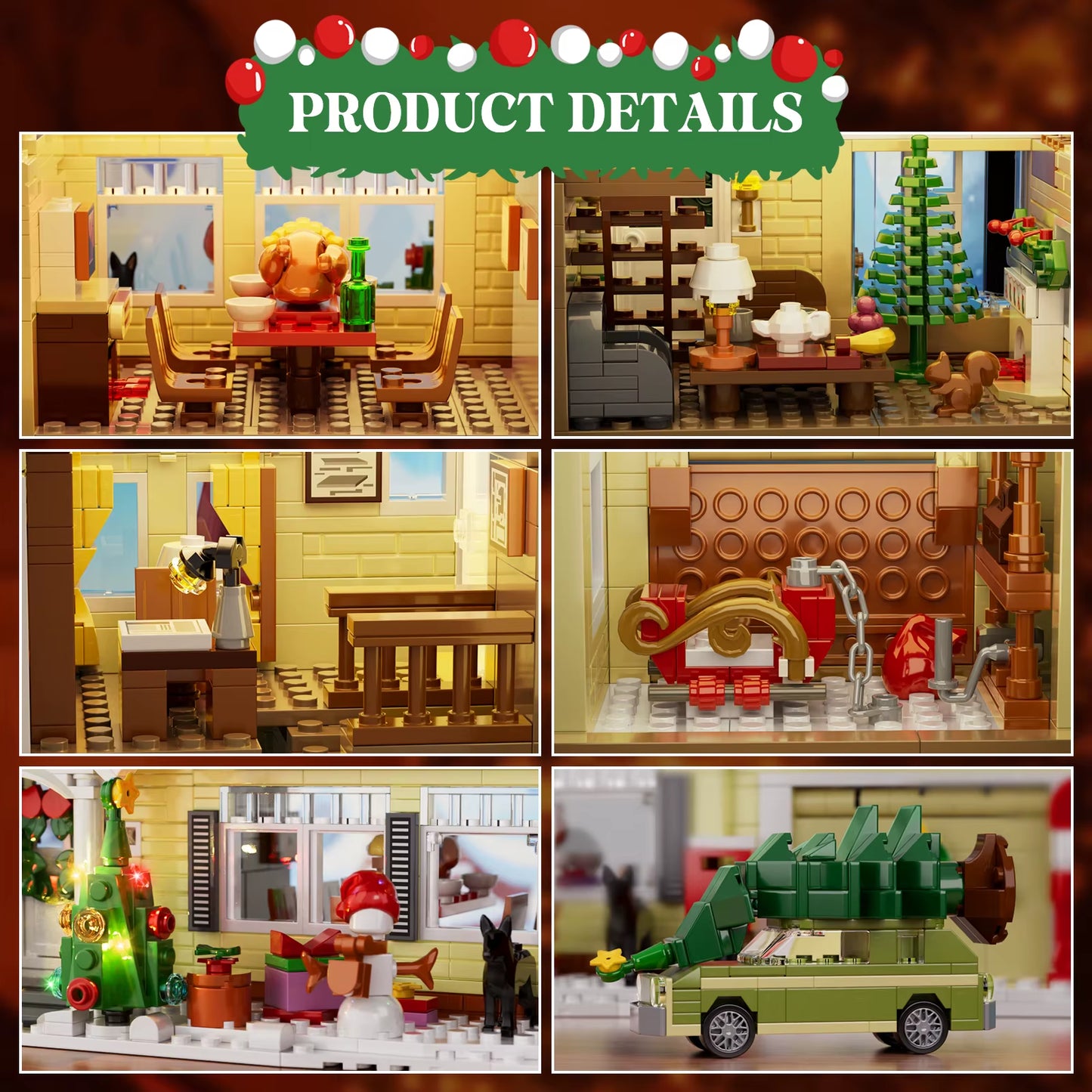 Christmas Holiday House Building Set Christmas Holiday Snow Village Blocks Toys with Clark'S Car,Gifts for Boys, Girls(1484Pcs)