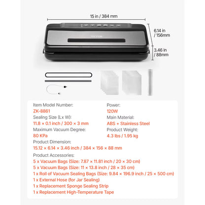 80Kpa 120W Electric Vacuum Sealer Machine 7-In-1 Wet Food Sealer with Free 10Pcs Vacuum Bags for Kitchen Food Storage