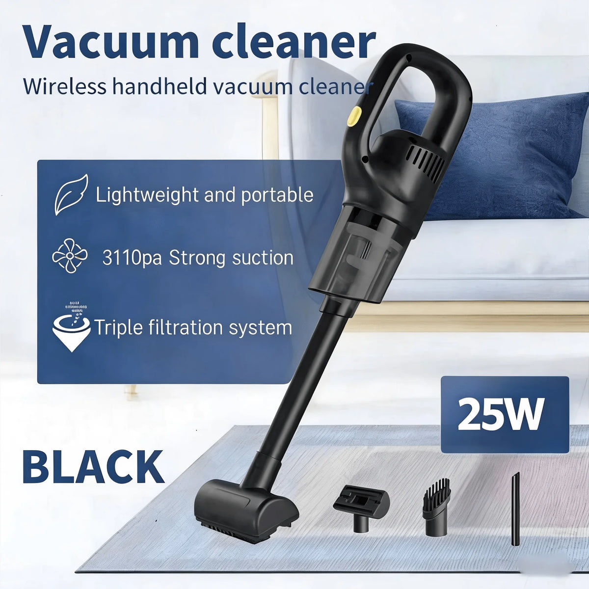 Portable Wireless Handheld Vacuum Cleaner, Car Vacuum Cleaner. Dual Use for Car and Home - Comes with 3 Brush Heads. USB Rechargeable (Includes 1800Mah Lithium Battery). 3100Pa Strong Suction, Detachable Dust Cup. Ergonomic Handle, Compact and Portable