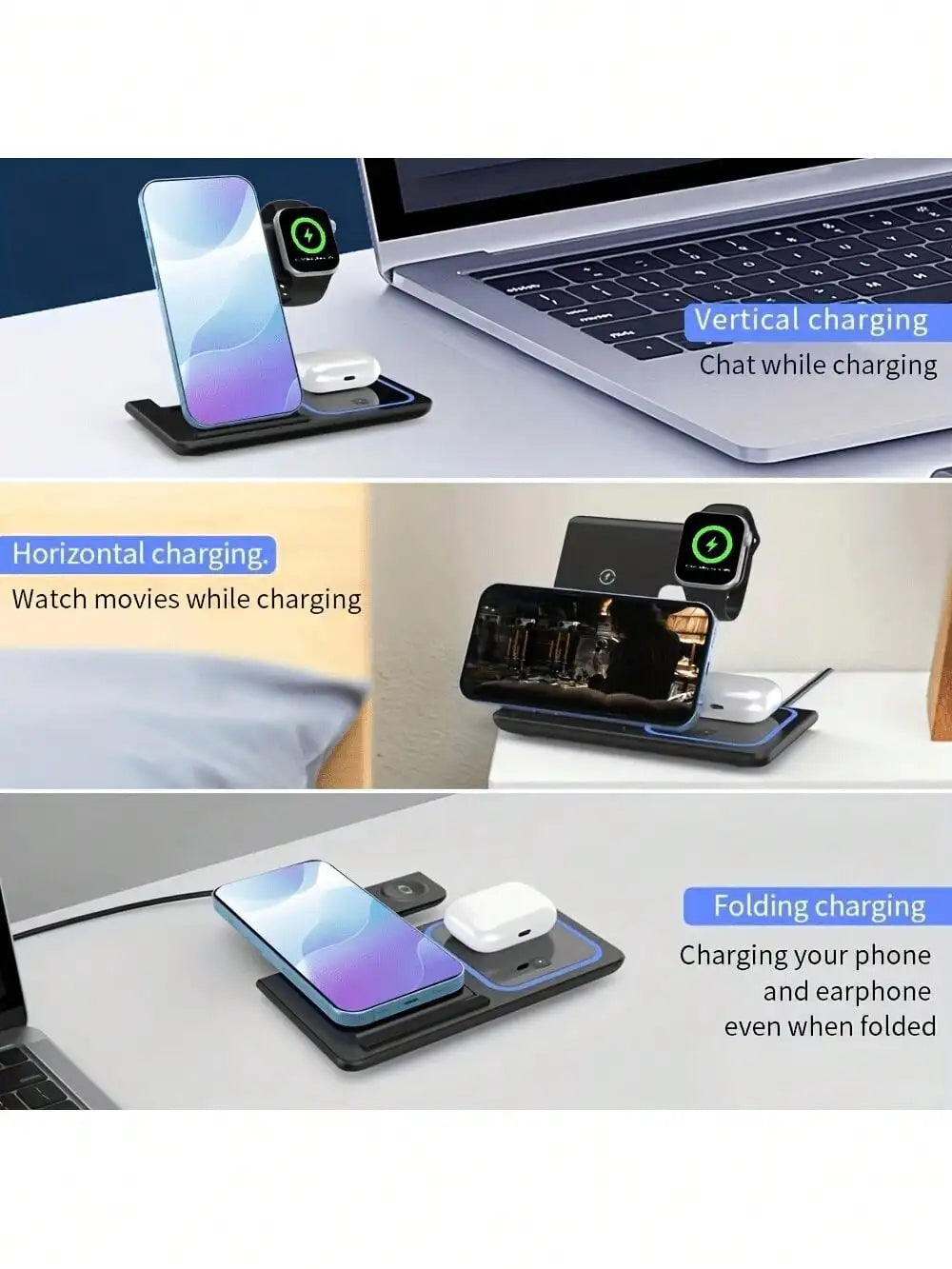 3-in-1 Wireless Charging Station with Mobile Phone Holder and LED Indicator for iPhone 17/16/15/14/13/12 Pro Max, Apple Watch Series 10/9/8/7/6/5, and AirPods 3/2 - Fast Charging Dock