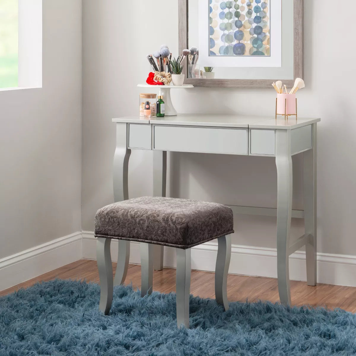 Harper Glam Flip-Up Mirror Wood Vanity and Gray Upholstered Stool Mirror and Silver