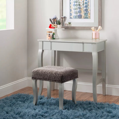 Harper Glam Flip-Up Mirror Wood Vanity and Gray Upholstered Stool Mirror and Silver