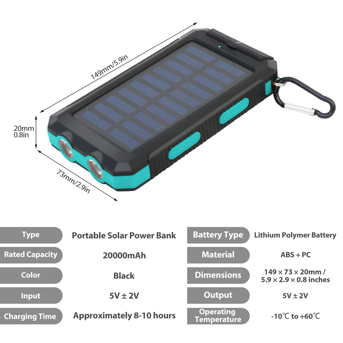 20000mAh Waterproof Solar Power Bank with Dual 5V USB Ports, LED Flashlight, and Compass for Outdoor Camping