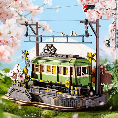 Rolife Wooden 3D Puzzle Sakura Journey Tram DIY Model Kit with LED for Home Decor and Gift for Adults and Families