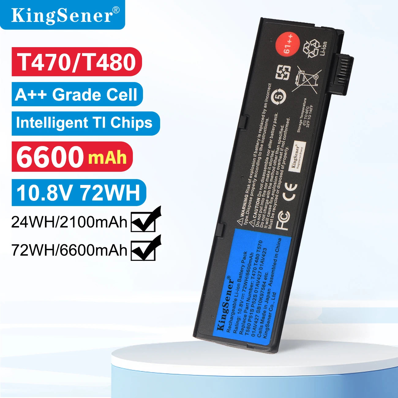 Kingsener 10.8V 6600Mah Laptop Battery for Lenovo Thinkpad T470 T480 T570 T580 P51S P52S 01AV427 01AV428 01AV423 SB10K97580 61++