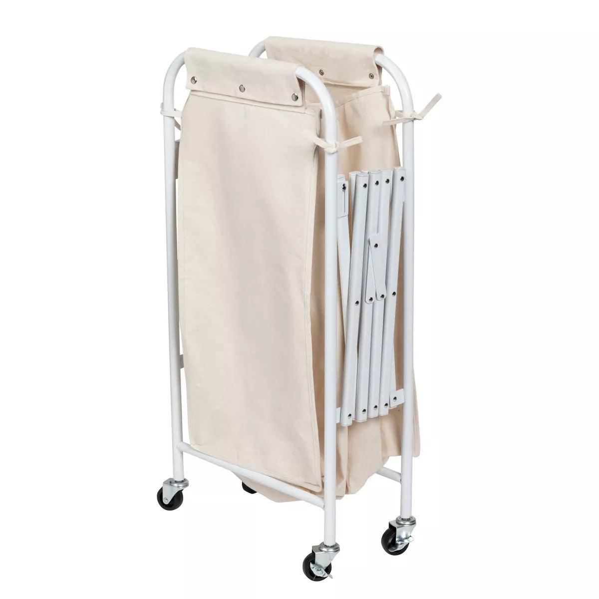 Accordion Triple Sorter - White Steel Rolling Laundry Hamper with Wheels, Collapsible Open-Top Design